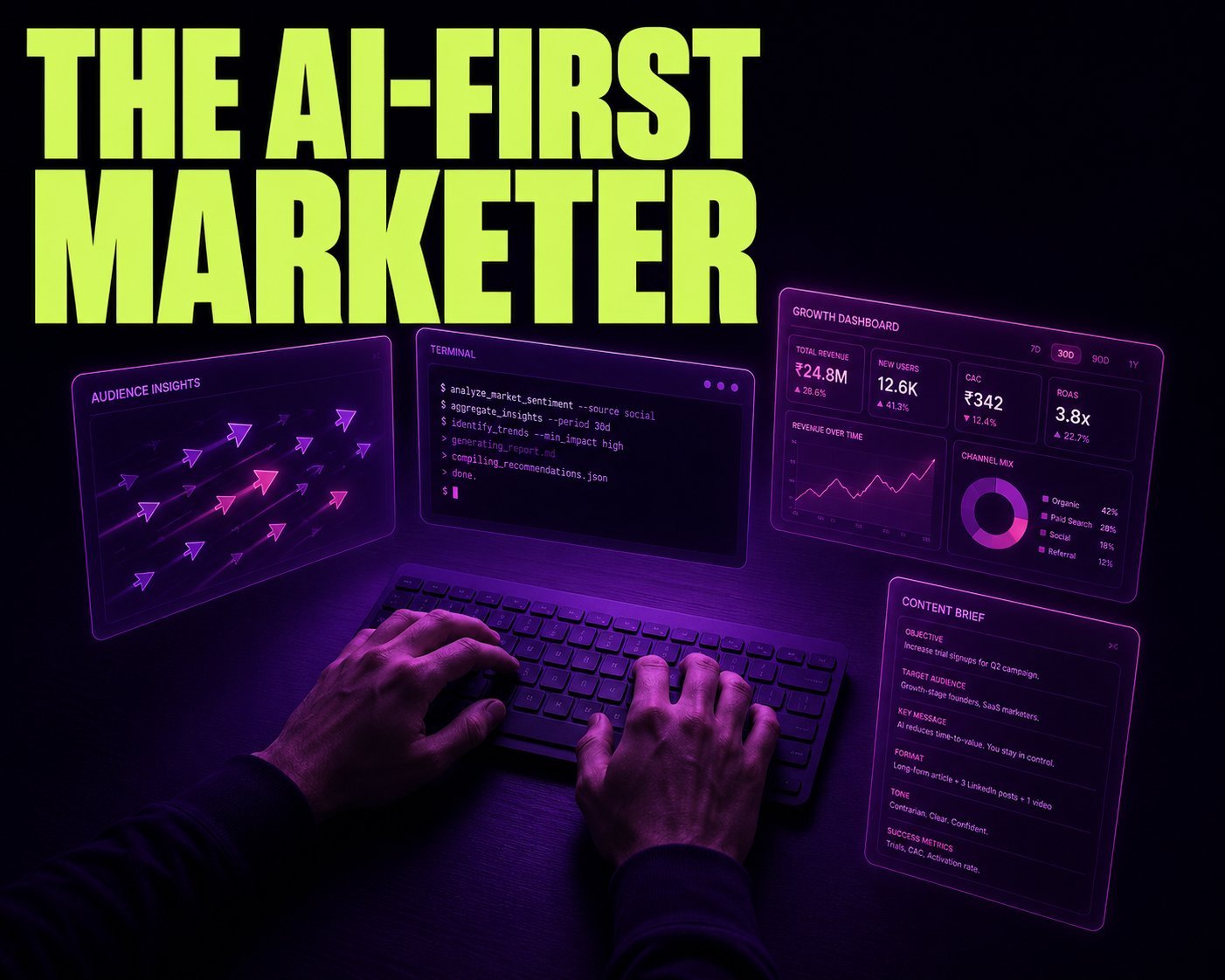 The AI-First Marketer. editorial tech magazine cover composition