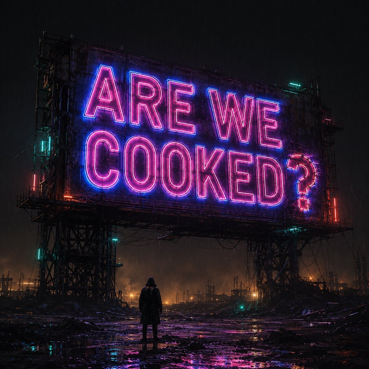 Are We Cooked?. cyberpunk billboard cinematic visual. Season 1 May 12, 2026.