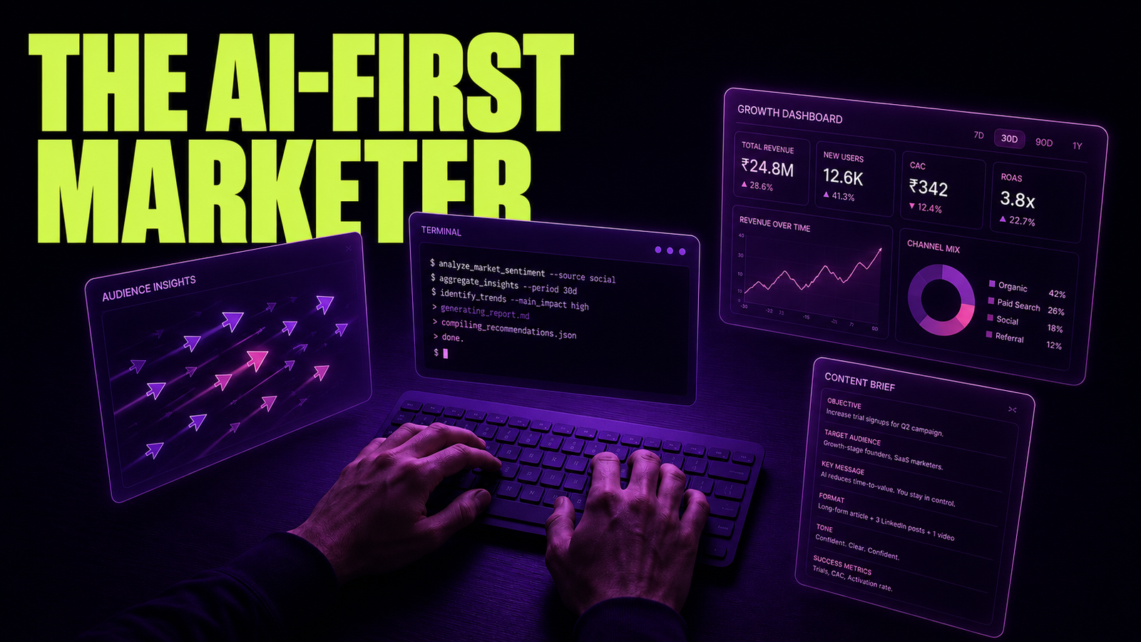The AI-First Marketer. editorial tech magazine cover composition