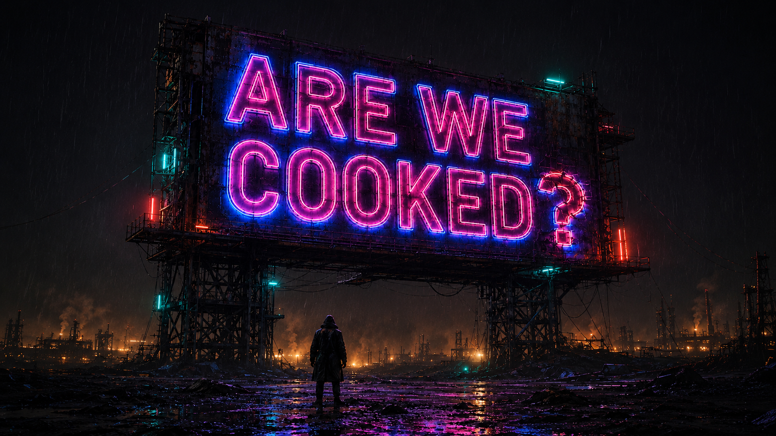 Are We Cooked?. cyberpunk billboard cinematic visual. Season 1 May 12, 2026.