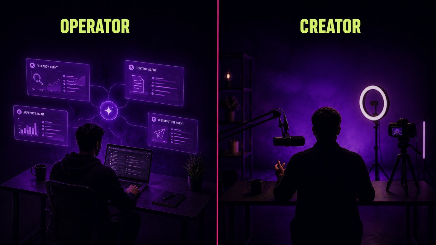 Operator vs Creator split-screen: operator at laptop with research, content, analytics, and distribution AI agent dashboards on the left; creator at podcast mic with ring light and camera on the right. Voltage palette.