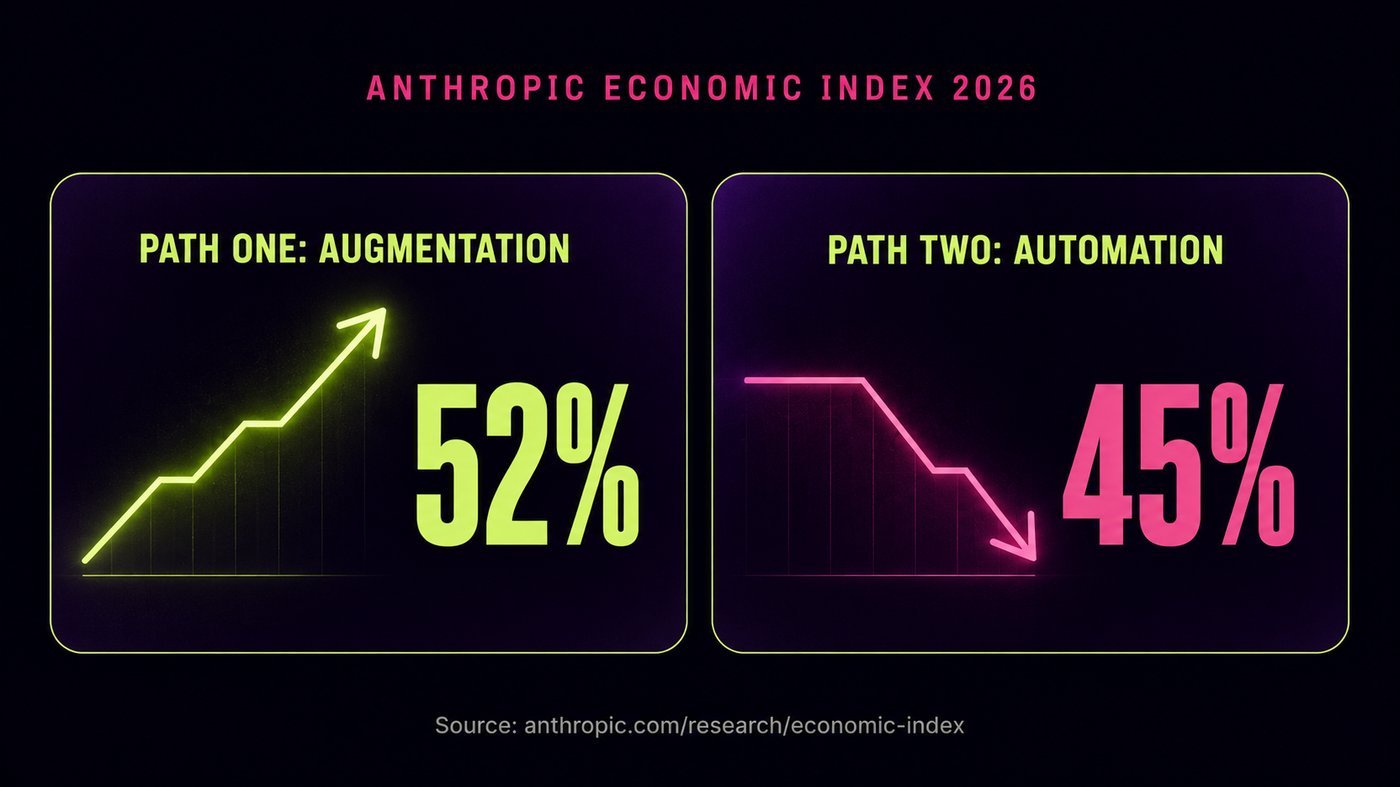 Anthropic Economic Index 2026: 52 percent of conversations are augmentation (lime, rising), 45 percent are automation (pink, falling). Source: anthropic.com/research/economic-index.